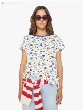 MOTHER White Floral Short Sleeve Tee with Blue Trim